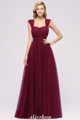 Elegant aline Sleeveless Tulle Evening Maxi Gown Burgundy Straps Bridesmaid Dress