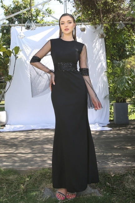 Elegant Black Jewel Long-Sleeves Mermaid Satin Prom Dresses