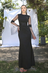 Elegant Black Jewel Long-Sleeves Mermaid Satin Prom Dresses