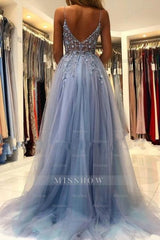 Elegant Blue Long Evening Dresses Beadings Prom Dresses With Slit
