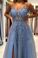 Elegant Blue Long Evening Dresses Beadings Prom Dresses With Slit