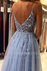 Elegant Blue Long Evening Dresses Beadings Prom Dresses With Slit