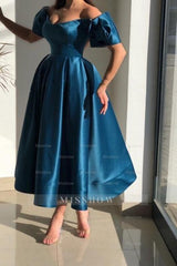 Elegant Blue Off-the-shoulder A-Line Ankle-Length Satin Prom Dresses