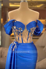 Elegant Blue Off-the-shoulder Sleeveless Beading Prom Dress With Slit
