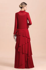 Elegant Burgundy Chiffon Mother of the Bride Dress Ruffles With Jacket