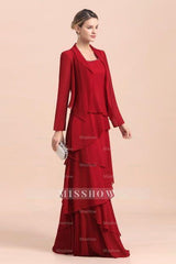 Elegant Burgundy Chiffon Mother of the Bride Dress Ruffles With Jacket