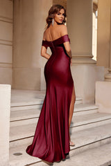 Elegant Burgundy Off the Shoulder Mermaid Long Prom Dress with Slit