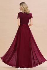Elegant Chiffon Lace Jewel Short Sleeves Floor-Length A-Line Bridesmaid Dress