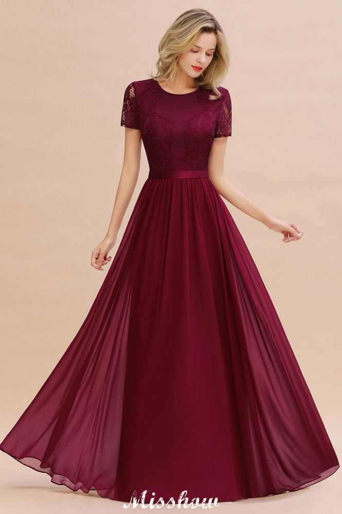 Elegant Chiffon Lace Jewel Short Sleeves Floor-Length A-Line Bridesmaid Dress