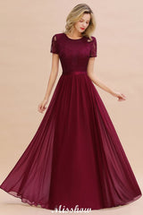 Elegant Chiffon Lace Jewel Short Sleeves Floor-Length A-Line Bridesmaid Dress
