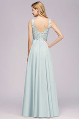 Elegant Chiffon Lace V-Neck Sleeveless Floor-Length A-Line Bridesmaid Dress with Beadings