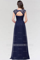 Elegant Chiffon Pleated Navy Lace Bridesmaid Dresses with Keyhole Back