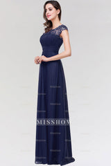 Elegant Chiffon Pleated Navy Lace Bridesmaid Dresses with Keyhole Back