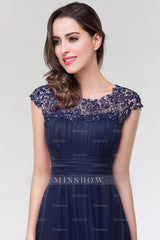 Elegant Chiffon Pleated Navy Lace Bridesmaid Dresses with Keyhole Back