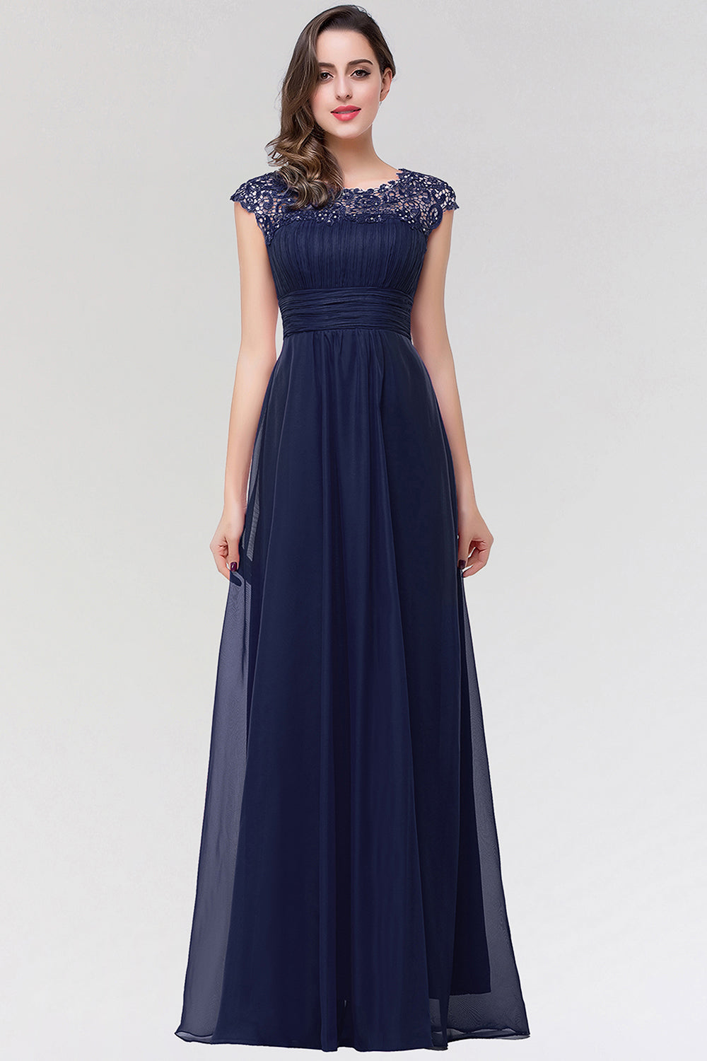 Elegant Chiffon Pleated Navy Lace Bridesmaid Dresses with Keyhole Back