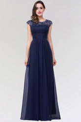 Elegant Chiffon Pleated Navy Lace Bridesmaid Dresses with Keyhole Back