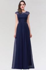 Elegant Chiffon Pleated Navy Lace Bridesmaid Dresses with Keyhole Back