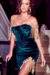 Elegant Dark Green Mermaid Off-the-shoulder Sequined Sleeveless Prom Dress With Slit