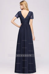 Elegant Dark Navy Long Lace Bridesmaid dresses with Short-Sleeves