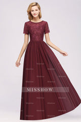 Elegant Dark Navy Long Lace Bridesmaid dresses with Short-Sleeves