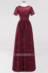 Elegant Dark Navy Long Lace Bridesmaid dresses with Short-Sleeves