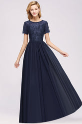 Elegant Dark Navy Long Lace Bridesmaid dresses with Short-Sleeves