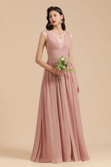 Elegant Dusty Pink Sleeveless Floral Lace Bridesmaid Dress Side Split Party Dress