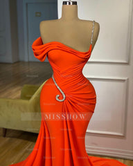 Elegant Floor Length One-should Sleeveless Mermaid Satin Prom Dress with Ruffles