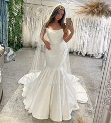Elegant Floor Length Sleeveless Mermaid Satin Wedding Dress with Ruffles