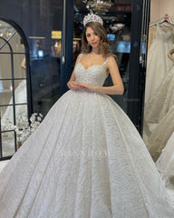 Elegant Floor Length Sweetheart Sleeveless A-Line Sequined Wedding Dress with Ruffles