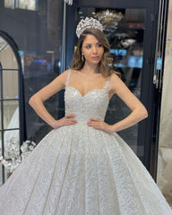 Elegant Floor Length Sweetheart Sleeveless A-Line Sequined Wedding Dress with Ruffles