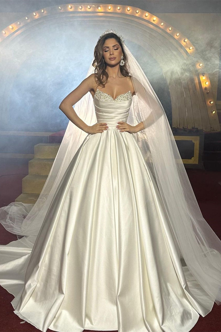 Elegant FloorLength Sleeveless A Line Satin Wedding Dress With Beads misshow