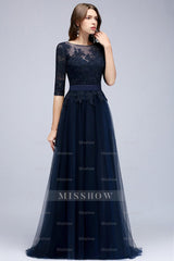 Elegant Half-Sleeves Lace Navy Bridesmaid dresses with Appliques