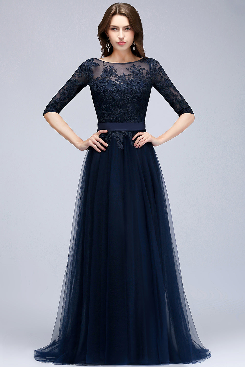 Elegant Half-Sleeves Lace Navy Bridesmaid dresses with Appliques