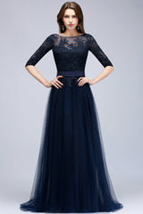 Elegant Half-Sleeves Lace Navy Bridesmaid dresses with Appliques