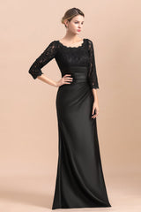 Elegant Jewel 3/4 Sleeves Black Satin Lace Ruffles Mother of Bride Dress On Sale
