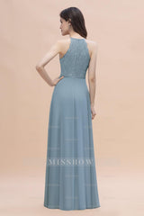 Elegant Jewel Lace Appliques Dusty Blue Chiffon Bridesmaid Dresses On Sale