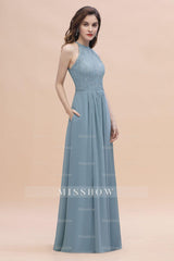 Elegant Jewel Lace Appliques Dusty Blue Chiffon Bridesmaid Dresses On Sale