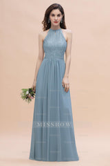 Elegant Jewel Lace Appliques Dusty Blue Chiffon Bridesmaid Dresses On Sale