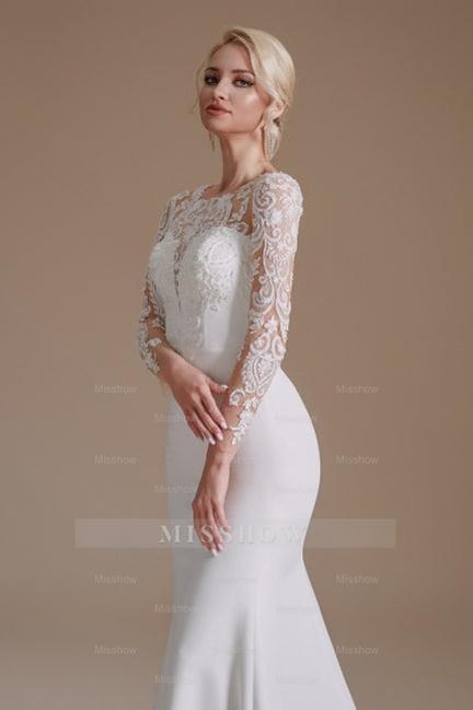 Elegant Jewel Long-Sleeve Mermaid Floor-Length Satin Wedding Dresses with Pattern