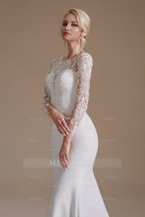 Elegant Jewel Long-Sleeve Mermaid Floor-Length Satin Wedding Dresses with Pattern