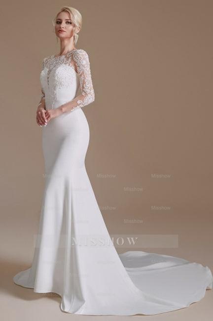 Elegant Jewel Long-Sleeve Mermaid Floor-Length Satin Wedding Dresses with Pattern