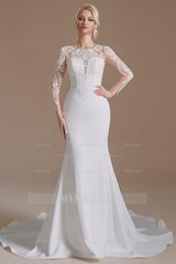 Elegant Jewel Long-Sleeve Mermaid Floor-Length Satin Wedding Dresses with Pattern