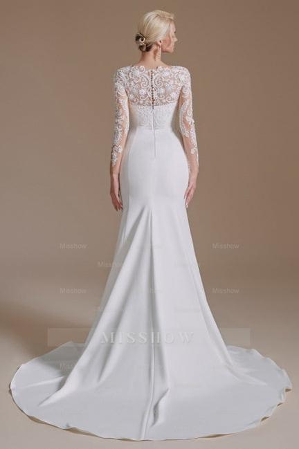 Elegant Jewel Long-Sleeve Mermaid Floor-Length Satin Wedding Dresses with Pattern