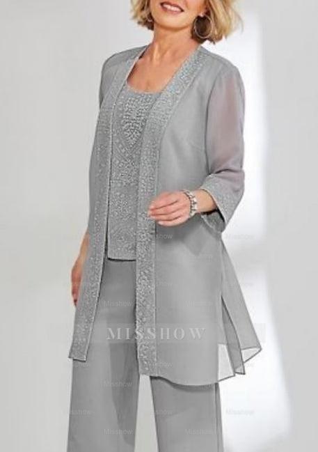 Elegant Jewel Long sleeves Two pieces Chiffon Mother dress