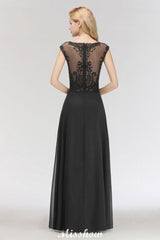 Elegant Jewel Sleeveless floor-Length A-line Lace Black Bridesmaid Dress