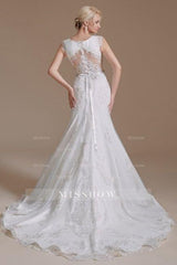 Elegant Jewel Sleeveless Mermaid Floor-Length Satin Wedding Dresses with Lace