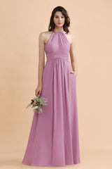 Elegant Jewel Wisteria Chiffon Ruffles Bridesmaid Dresses with Pockets On sale