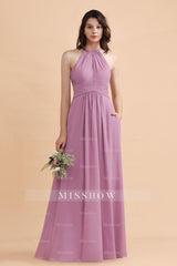 Elegant Jewel Wisteria Chiffon Ruffles Bridesmaid Dresses with Pockets On sale