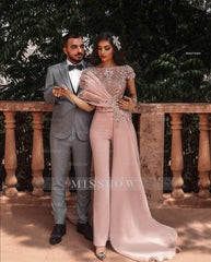 Elegant Lace Aplliques Short Sleeves Evening Jumpsuit With Train